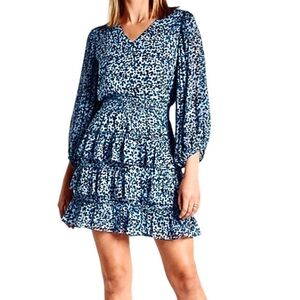 Express Tiered Ruffle Dress Sheer Sleeves chiffon V-neck Blue White Size S
